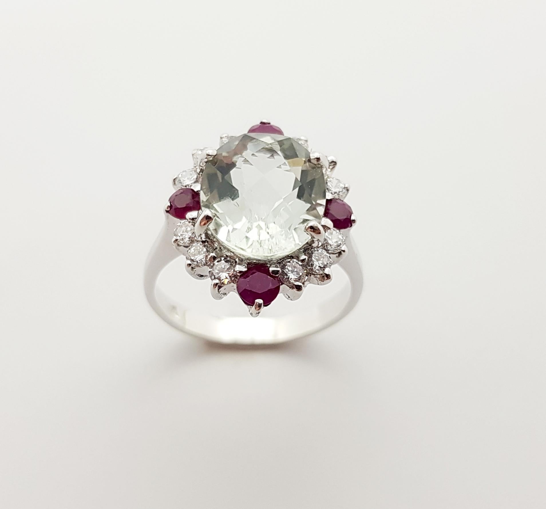 Green Amethyst, Ruby and Cubic Zirconia Ring set in Silver Settings For Sale 3
