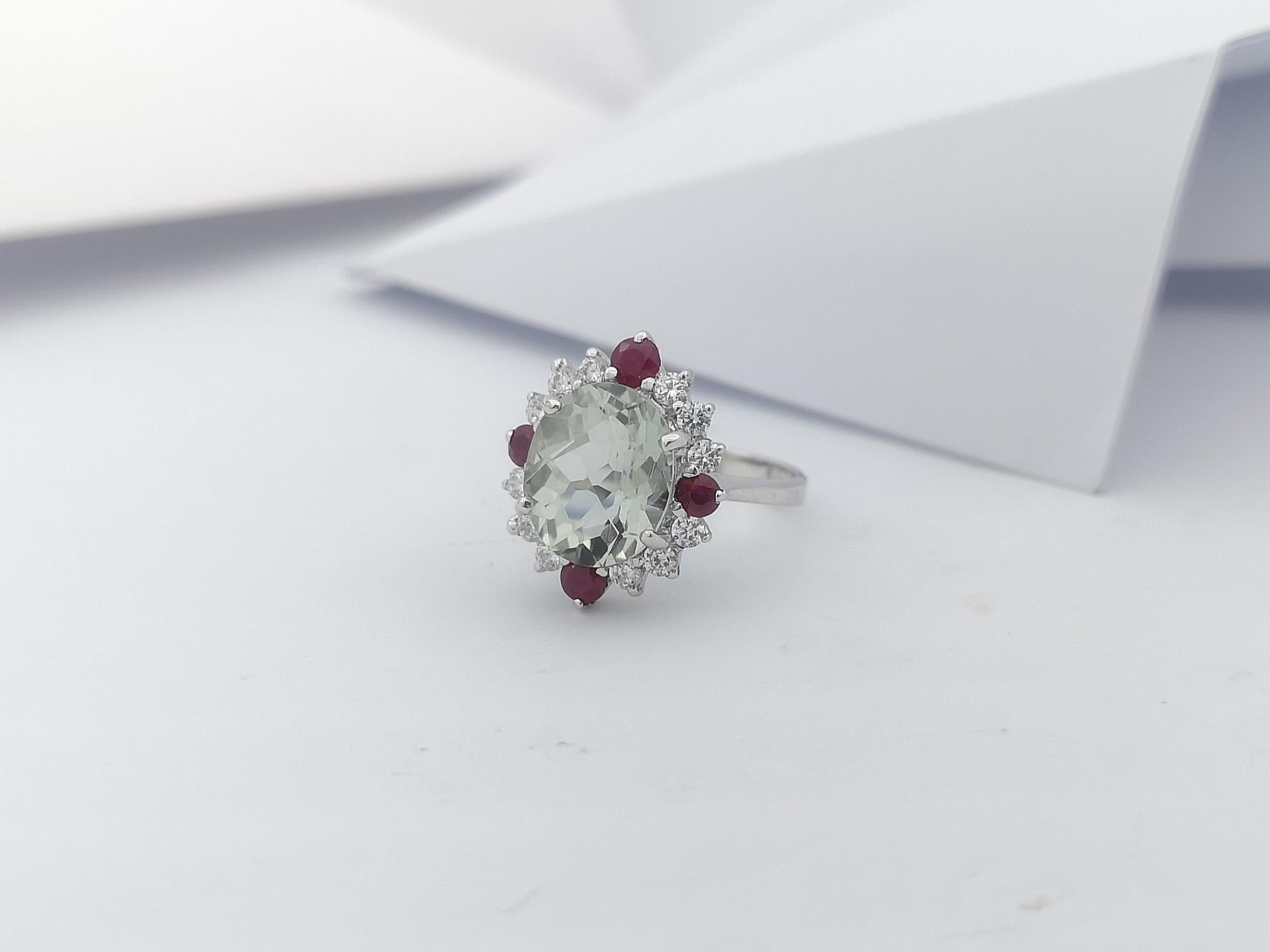 Green Amethyst, Ruby and Cubic Zirconia Ring set in Silver Settings For Sale 1