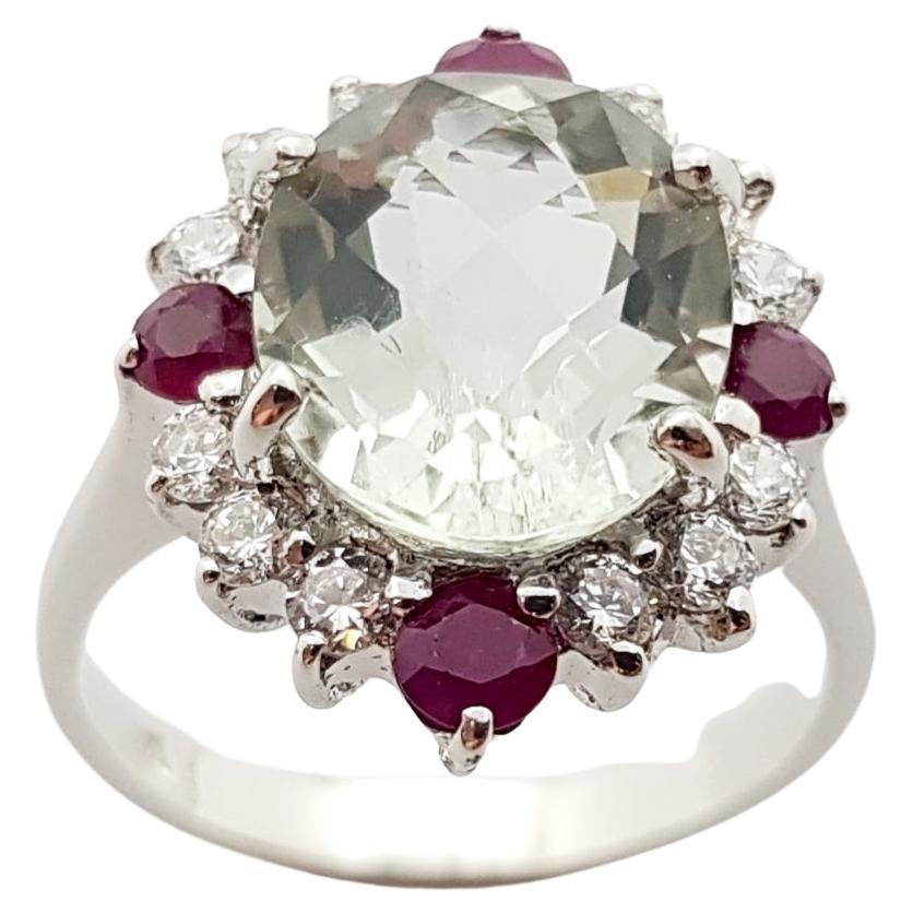 Green Amethyst, Ruby and Cubic Zirconia Ring set in Silver Settings For Sale