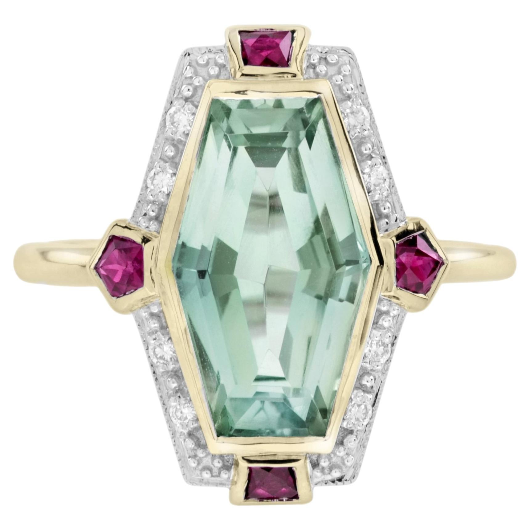Cocktailring mit grünem Amethyst, Rubin und Diamanten aus 9-karätigem Gelbgold im Angebot