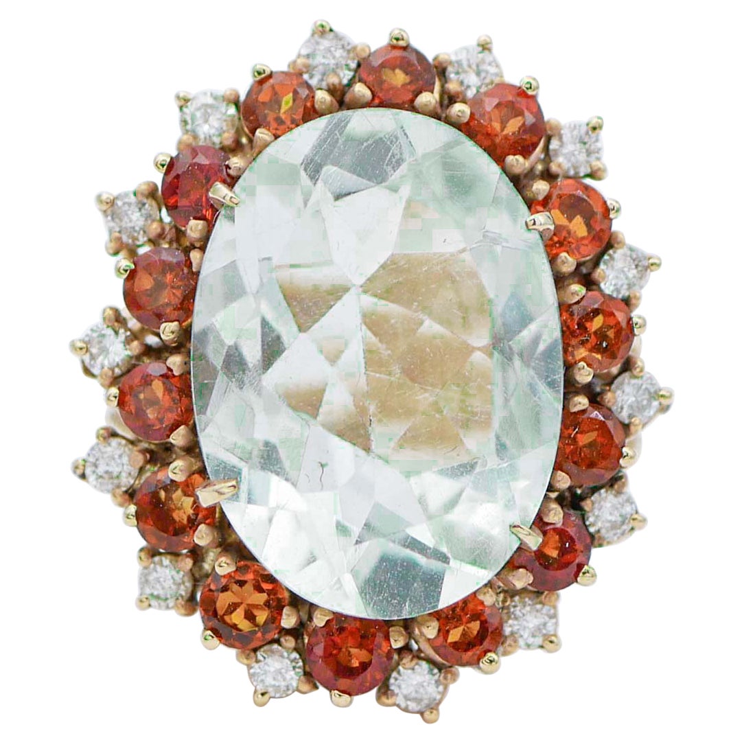 Grüner Amethyst, Saphire, Diamanten, 14 Karat Roségold Retrò Ring