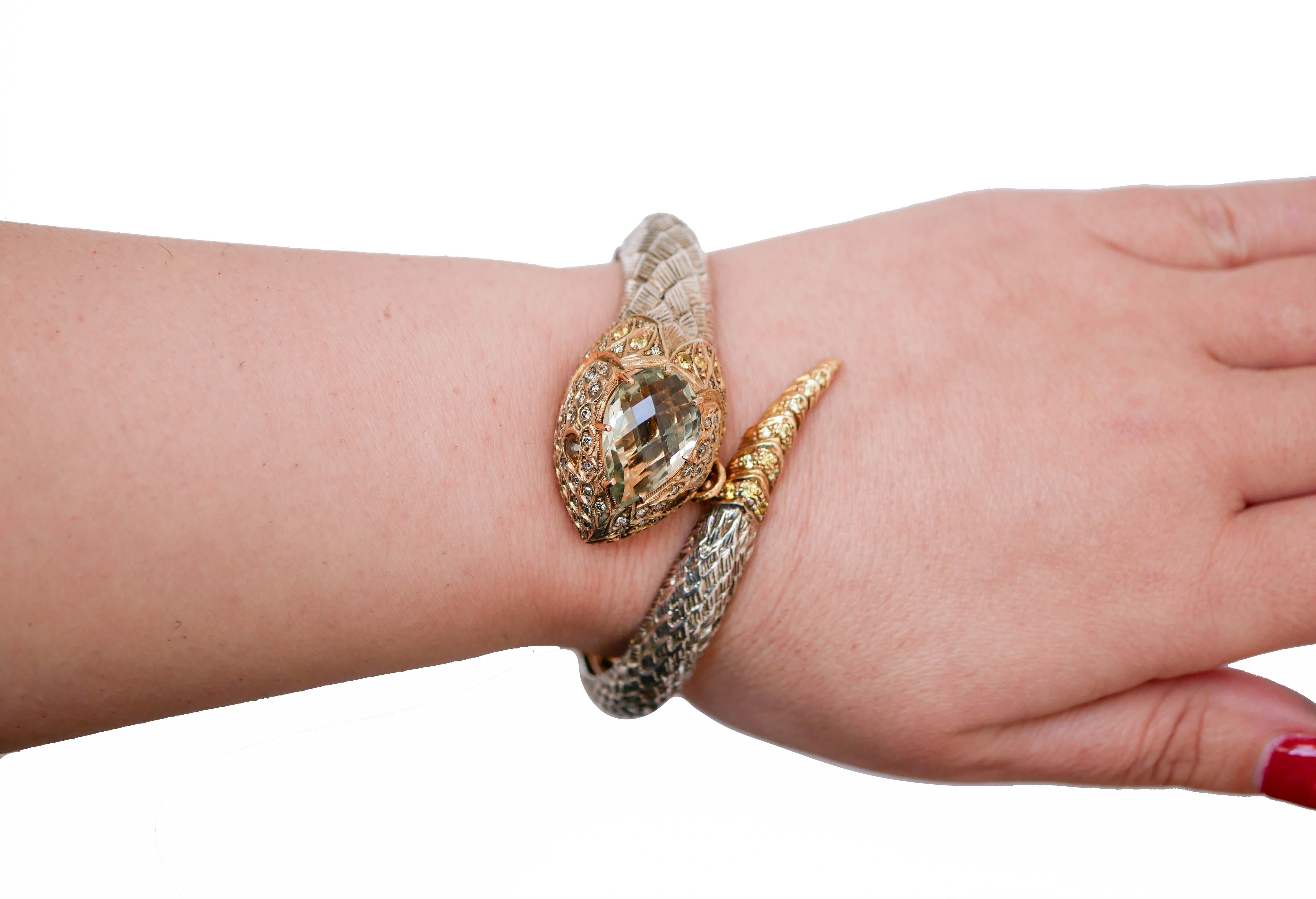 Taglio misto Ametista verde, zaffiri, diamanti, bracciale a serpente in oro rosa e argento.