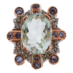 Green Amethyst, Tanzanite, Diamonds, Rose Gold and Silver Ring