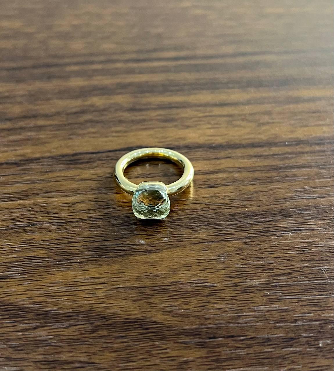 Elegant and Timeless.
Set with a Faceted Cushion-Cut Green Amethyst Prasiolite
Mounted on a Sleek Gold Band. 14K Yellow Gold.