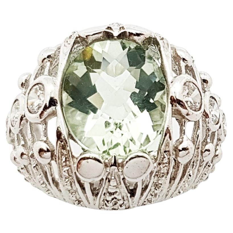 Green Amethyst with Cubic Zirconia Ring set in Silver Settings