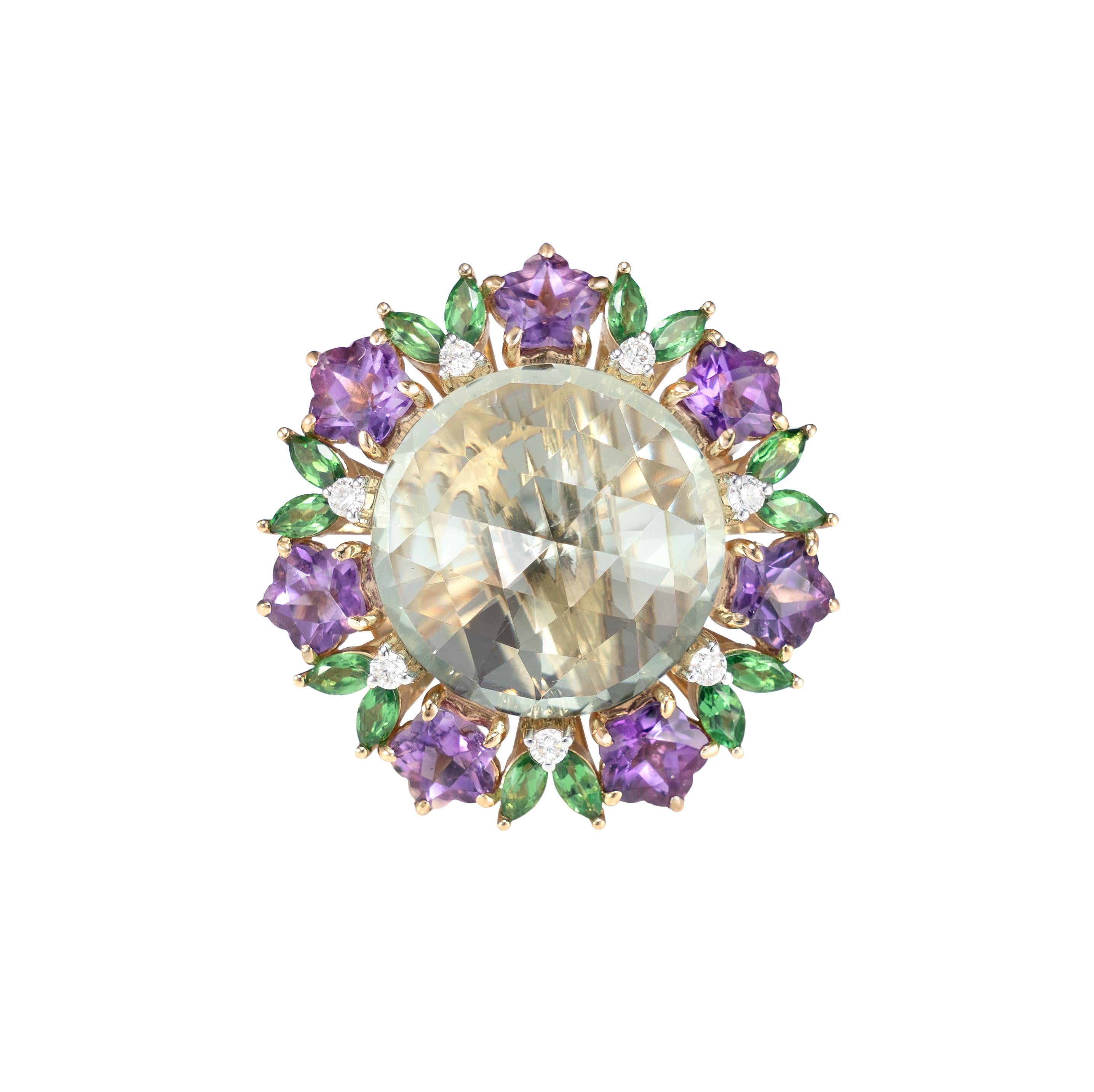 Grüner grüner Amethyst mit Edelsteinen Cocktail-Ring aus 18 Karat Gelbgold (Rundschliff) im Angebot