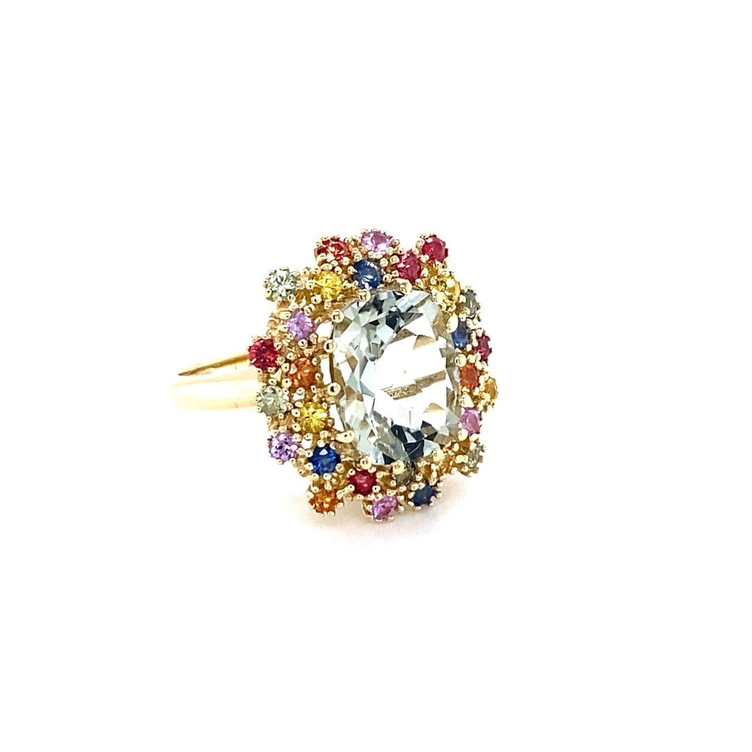 Modern 5.98 Carat Amethyst Multi Color Sapphires Yellow Gold Cluster Ring For Sale