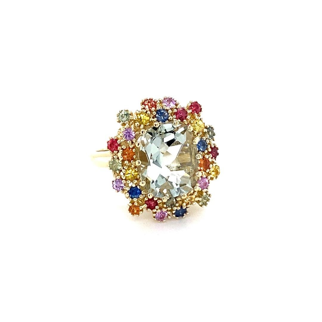 Cushion Cut 5.98 Carat Amethyst Multi Color Sapphires Yellow Gold Cluster Ring For Sale