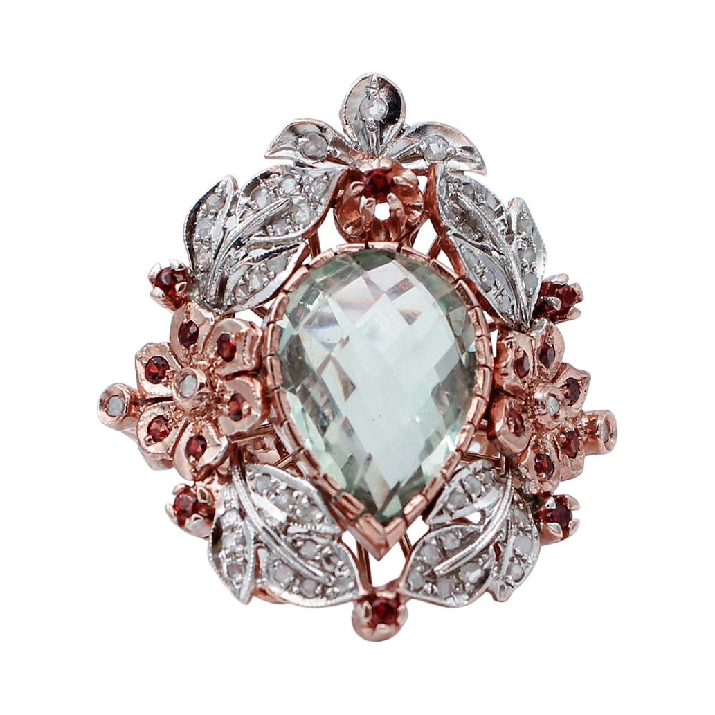 Green Amethyst, Garnets, Diamonds, Flower Design, Rose Gold and Silver Cocktail  For Sale