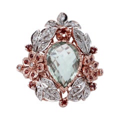 Green Amethyst, Garnets, Diamonds, Flower Design, Rose Gold and Silver Cocktail