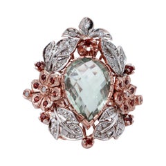 Vintage Green Amethyst, Garnets, Diamonds, Flower Design, Rose Gold and Silver Cocktail 