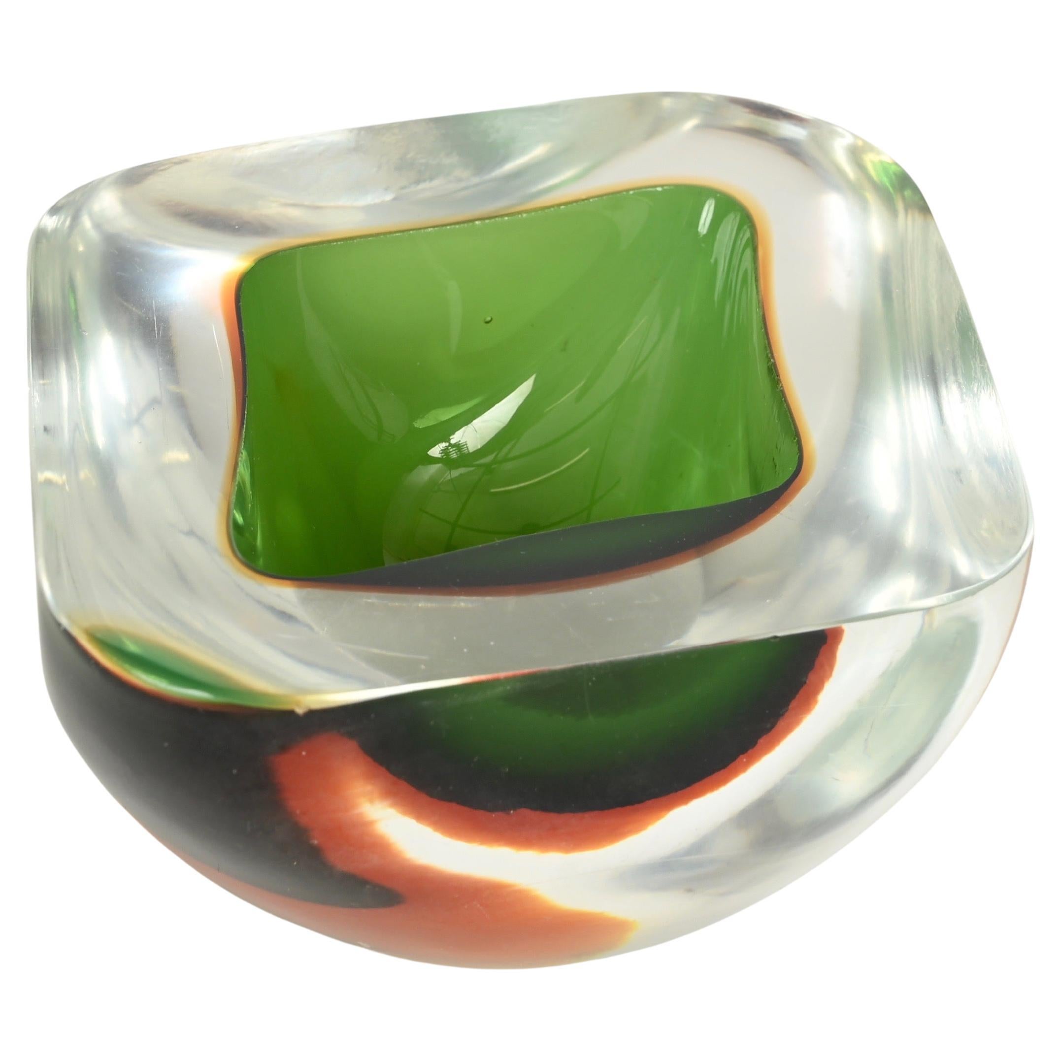 Cuenco de cristal de Murano Sommerso verde y ámbar de F. Poli, Italia, años 60 en venta
