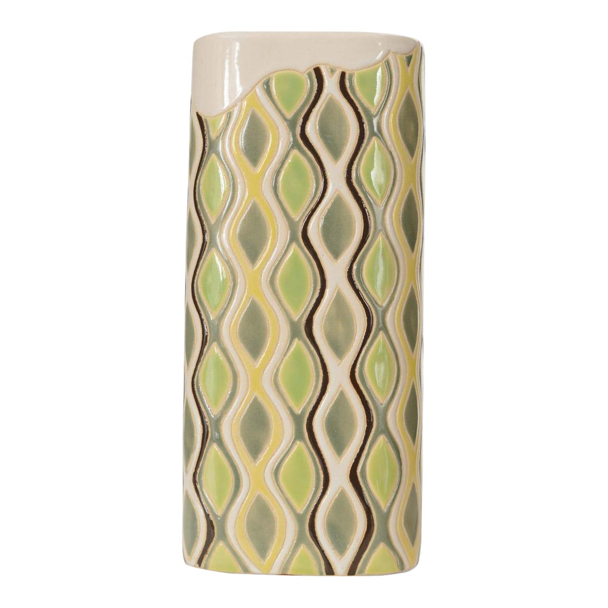 Green and Beige Patterned Ceramic Vase For Sale
