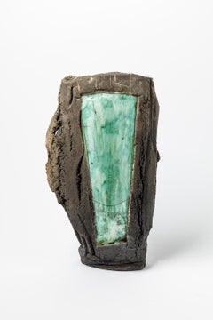 Green and Black 20th Century Ceramic Vase by His Raku Pottery, circa 1980