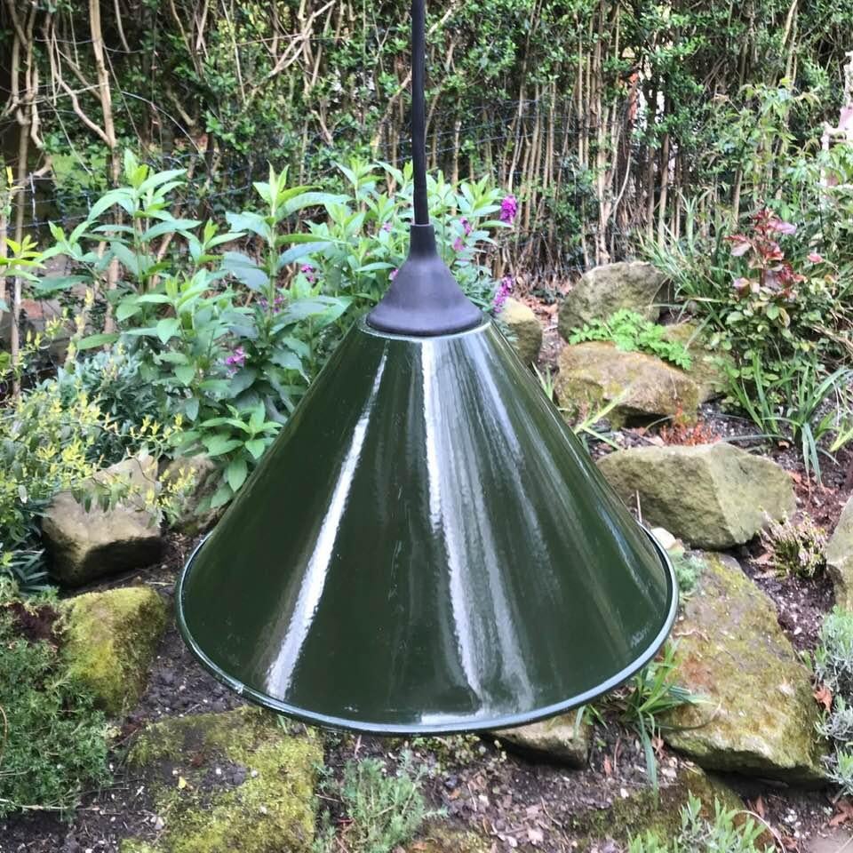 These reclaimed, army green, ex MOD, spun aluminium Industrial pendant lights make quite a statement, together with the original rubber galleries. These lights were part of the standard military Field lighting kit used for British Army operations