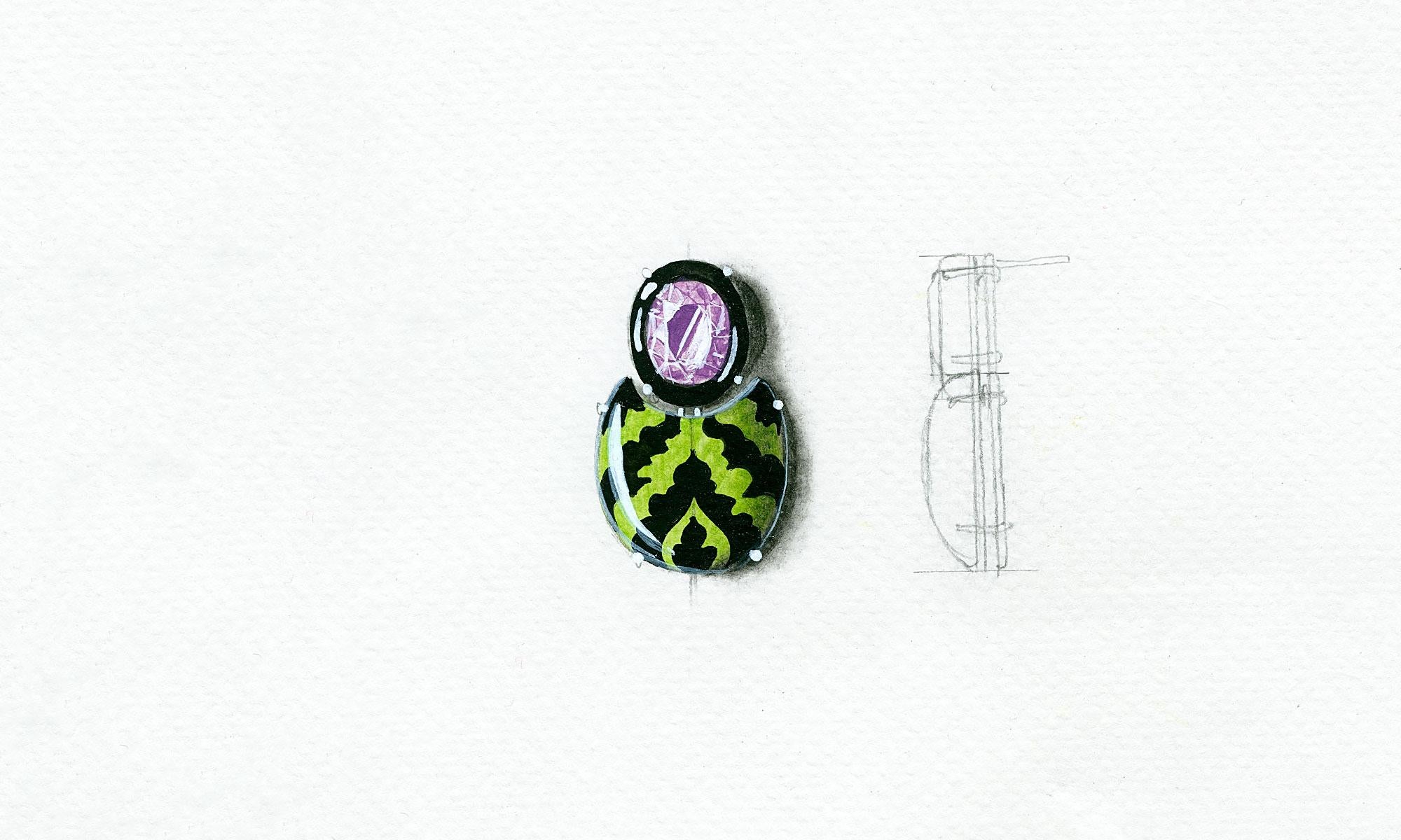 Green and black Earrings by Bodyfurnitures Hand painted, Gold, Silver, Amethysts In New Condition For Sale In Bolzano, BZ