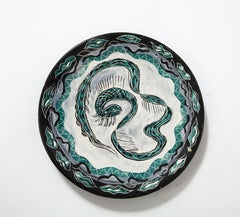 Green and Black Glazed Ceramic Studio Pottery Plate with Snake and Fish Decor