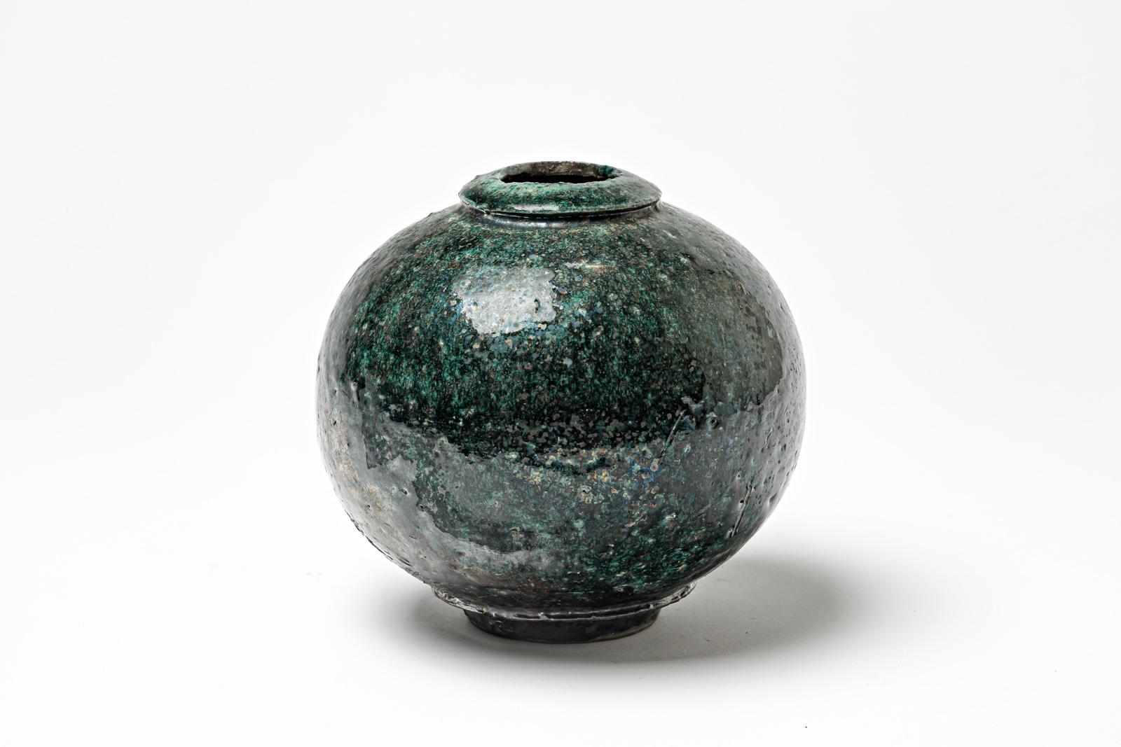 Beaux Arts  Green and black glazed ceramic vase by Gisèle Buthod Garçon, circa 1980-1990 For Sale
