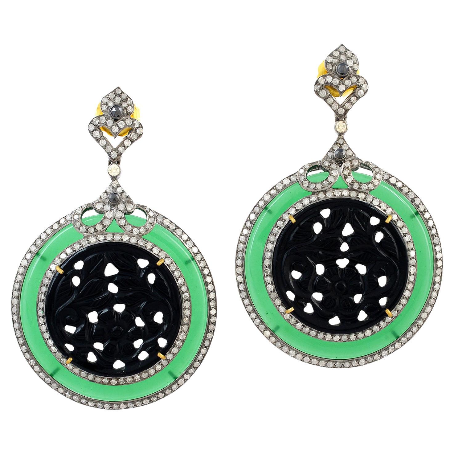 Green and Black Onyx Dangle Earrings With Diamonds 72.18 Carats For Sale
