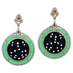 Retro Green and Black Onyx Dangle Earrings With Diamonds 72.18 Carats