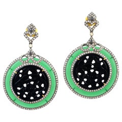 Vintage Green and Black Onyx Dangle Earrings With Diamonds 72.18 Carats