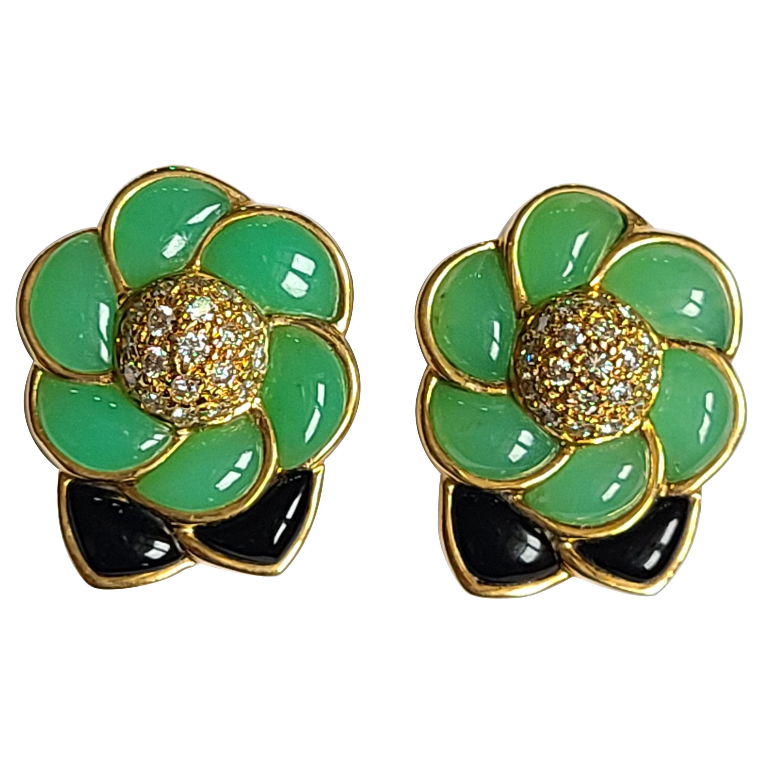 Green and Black Onyx Studs/Earrings with Diamonds in 18 Karat Gold