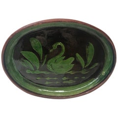 Green and Black Oval "Swam" Art Pottery Plate