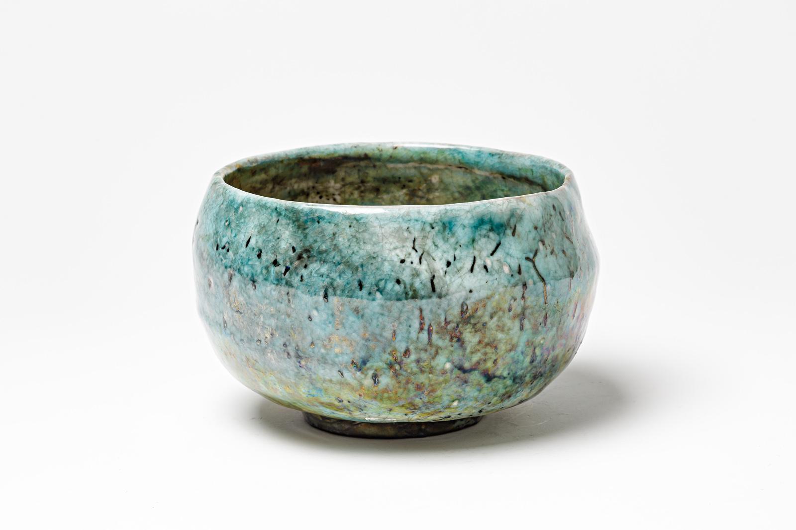 Beaux Arts Green and blue glazed ceramic bowl with metallic highlights by G. Buthod Garçon For Sale