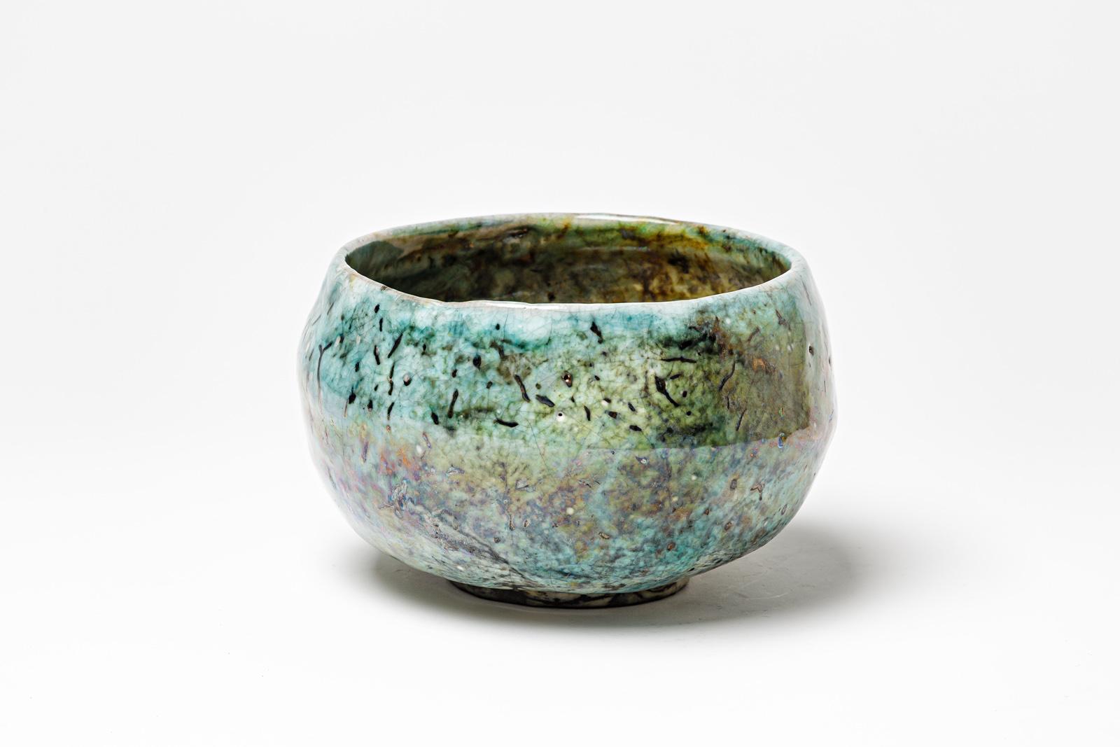 French Green and blue glazed ceramic bowl with metallic highlights by G. Buthod Garçon For Sale