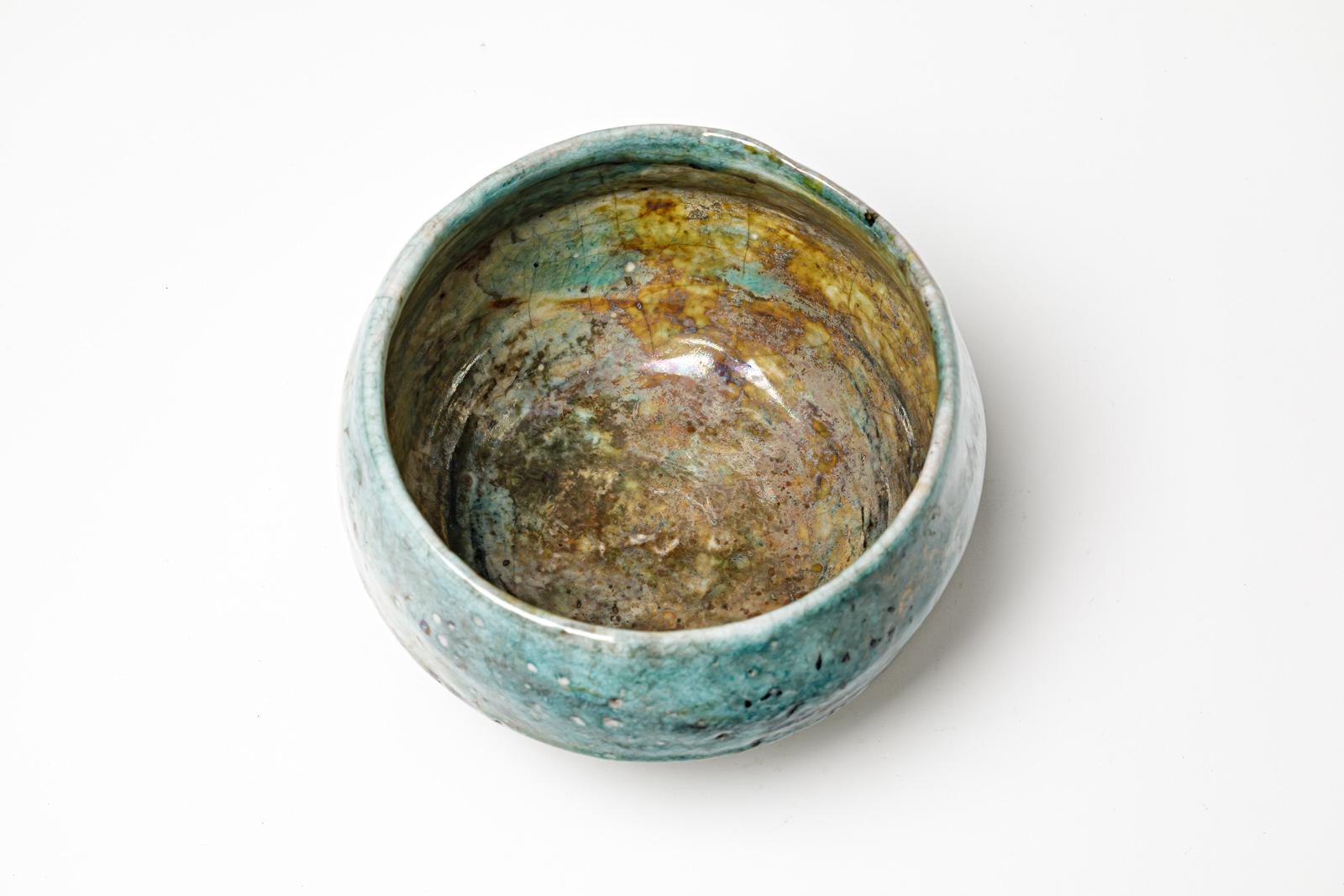 20th Century Green and blue glazed ceramic bowl with metallic highlights by G. Buthod Garçon For Sale