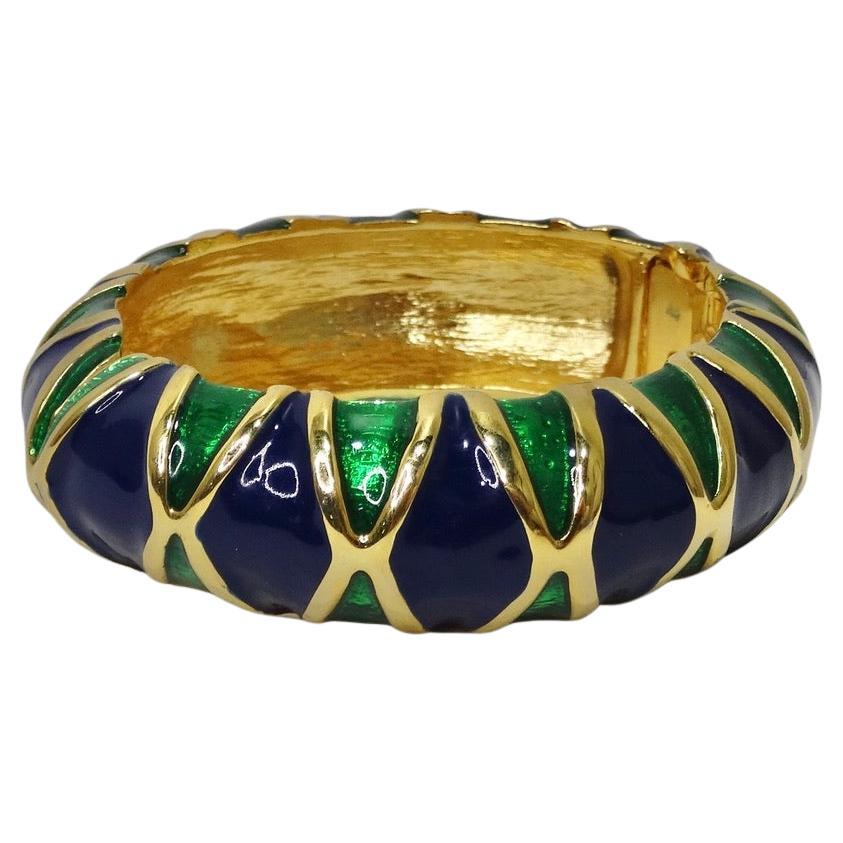 Green and Blue Gold Plated Enamel Bangle For Sale