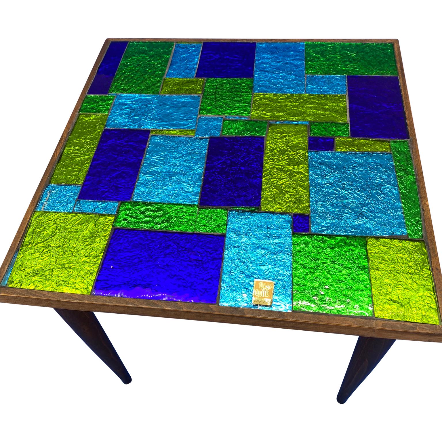 Green and blue Mid-Century Modern Georges Briard mosaic glass table.
Signature sticker intact: Glass Guild - 