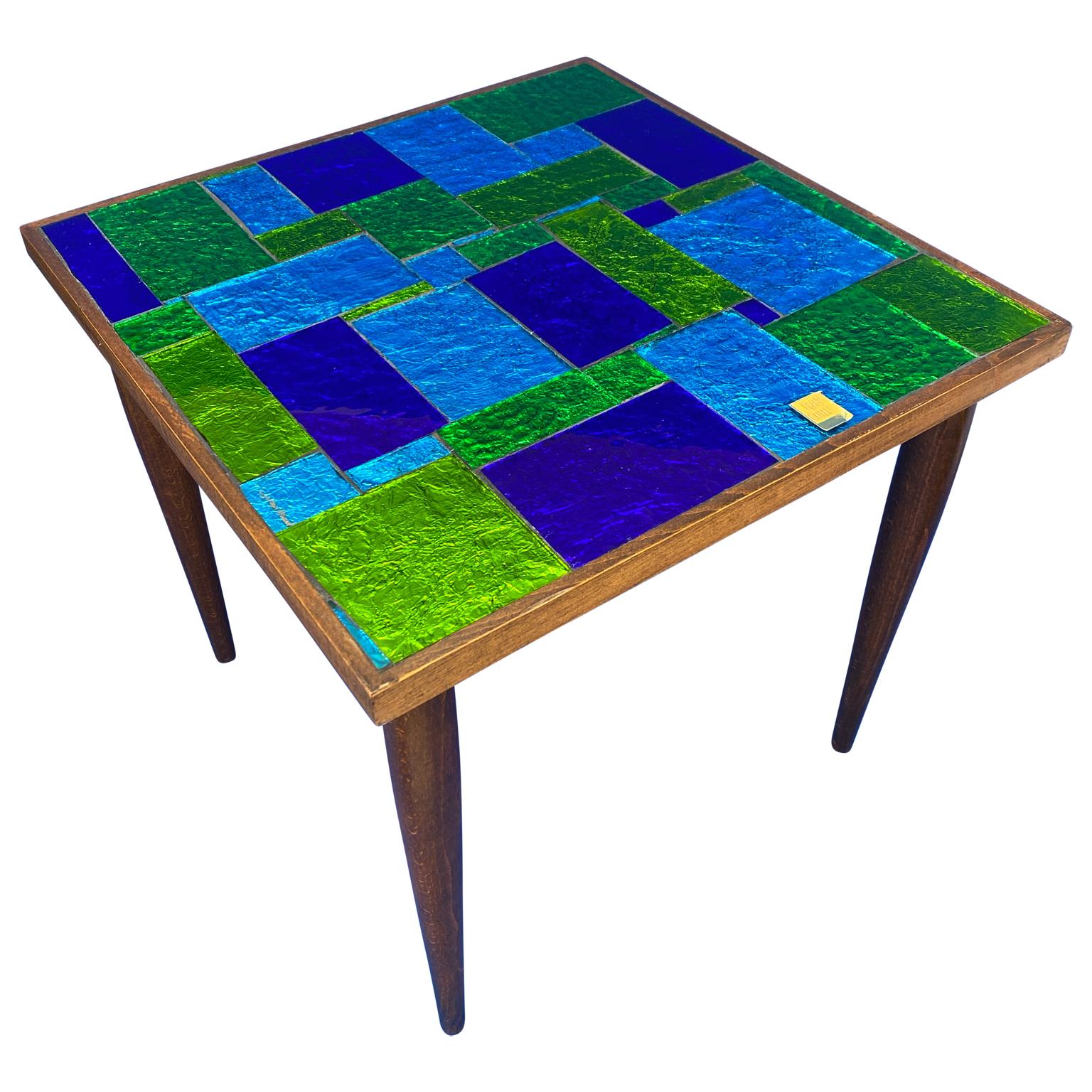 American Green And Blue Mid-Century Modern Georges Briard Mosaic Glass Table, Signed
