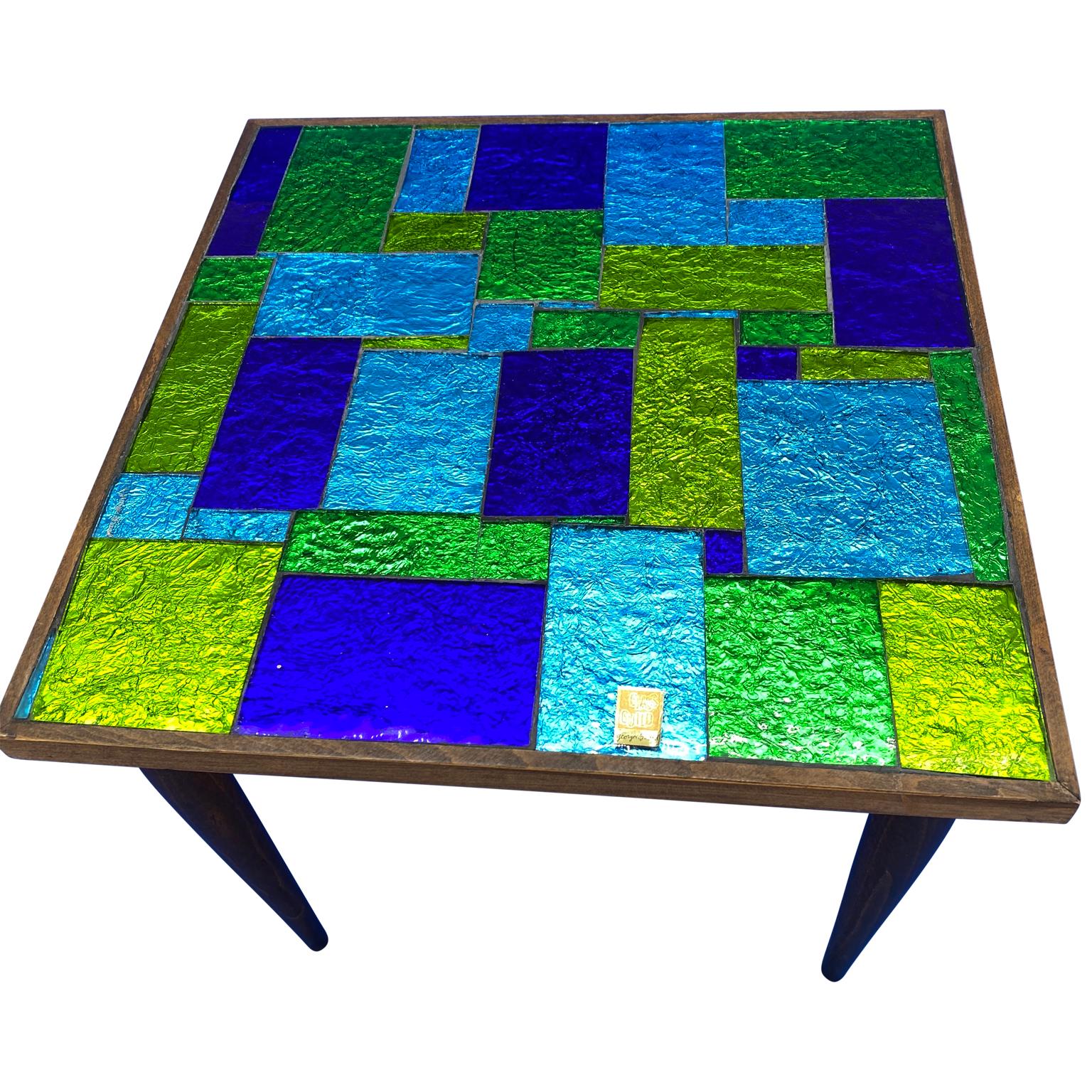 Green And Blue Mid-Century Modern Georges Briard Mosaic Glass Table, Signed In Good Condition In Haddonfield, NJ