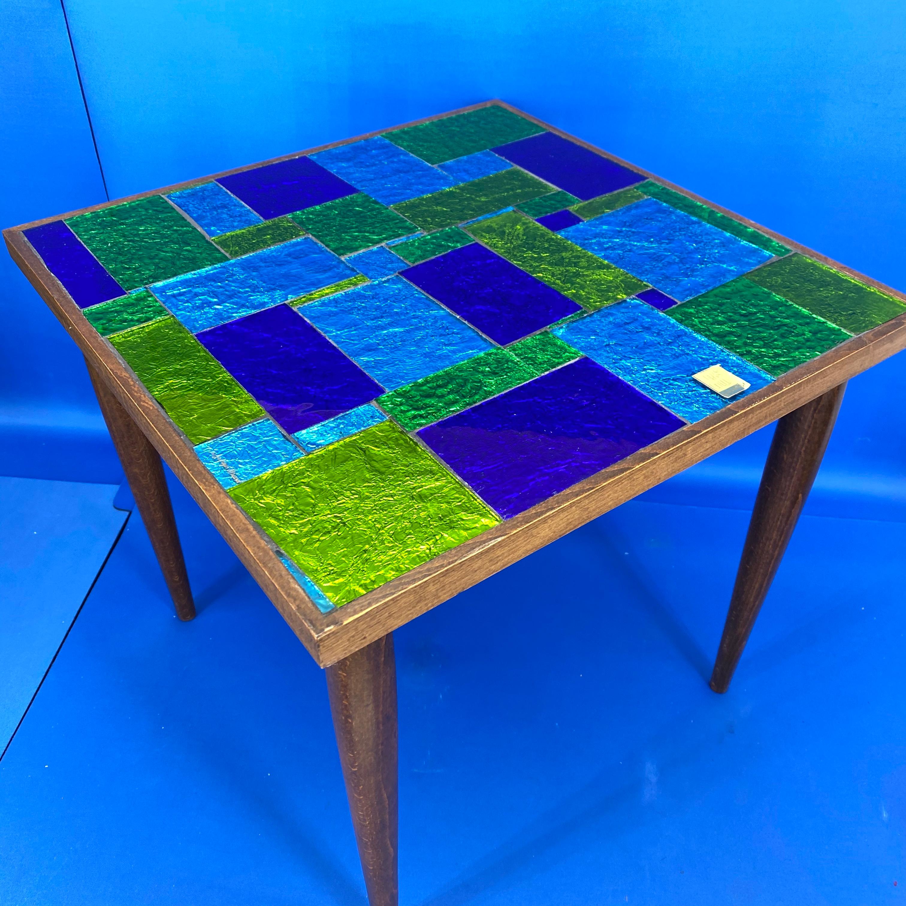 Wood Green And Blue Mid-Century Modern Georges Briard Mosaic Glass Table, Signed