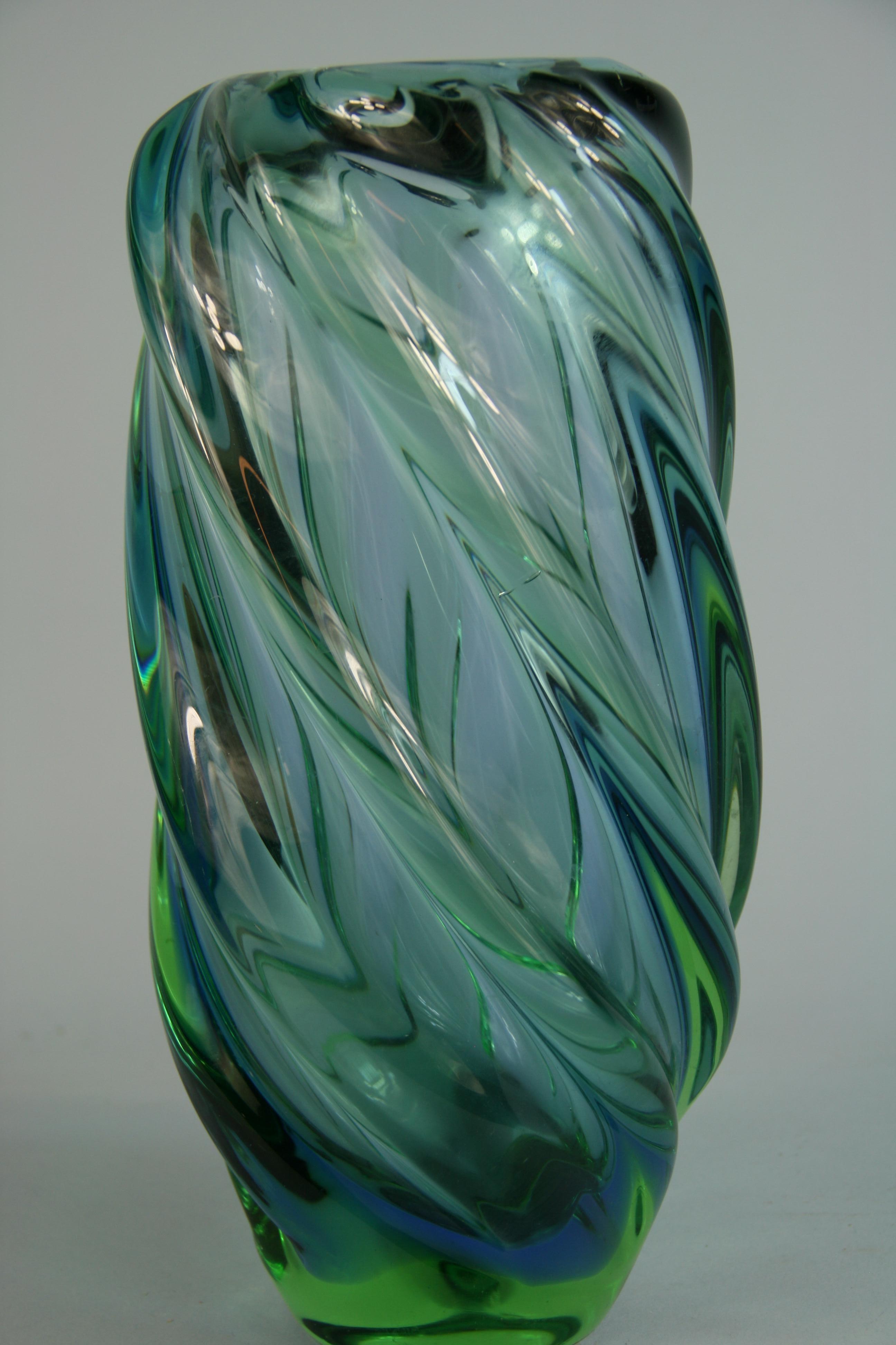 Large Green and Blue Murano Art Glass  Spiral Vase, Circa 1950's 2