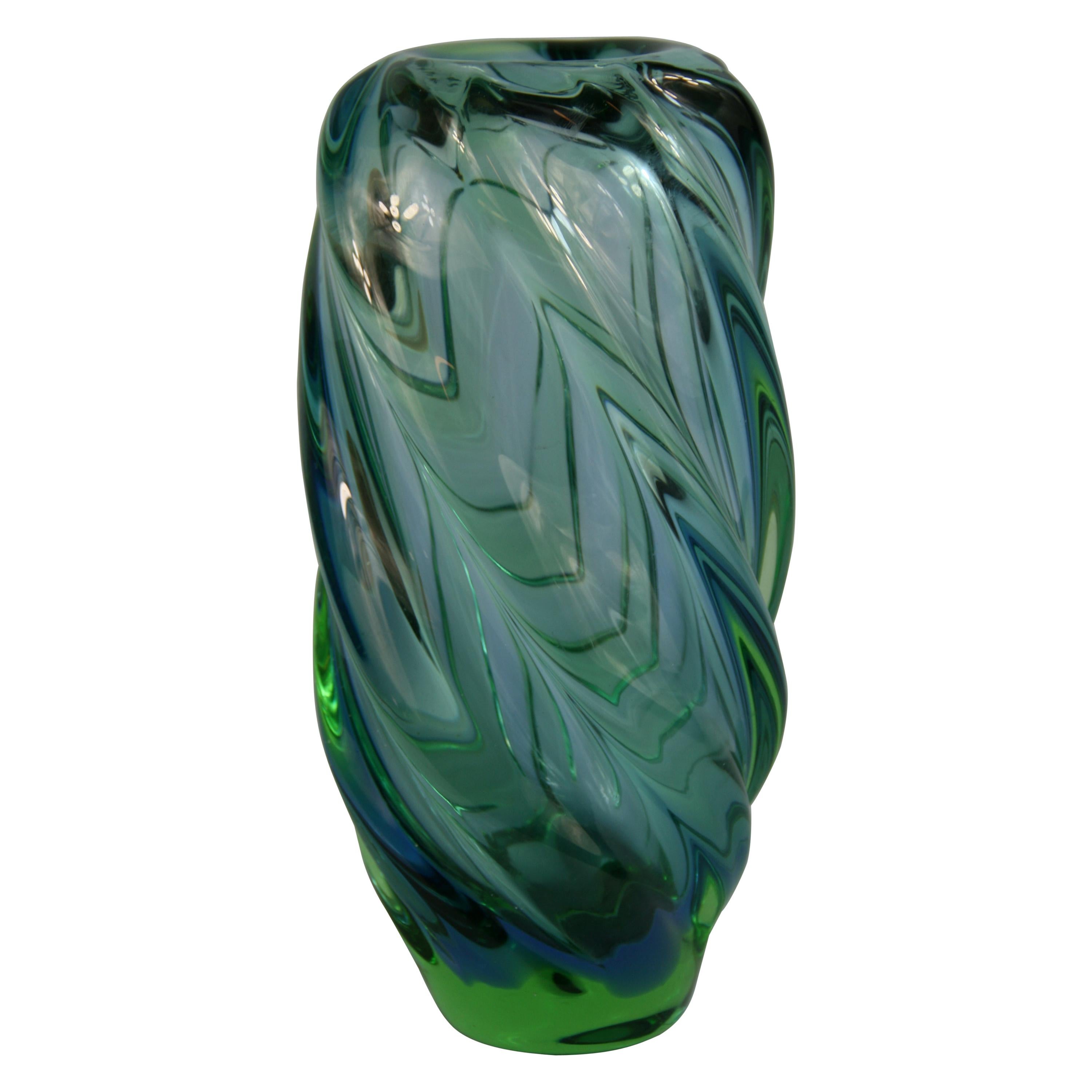 Large Green and Blue Murano Art Glass  Spiral Vase, Circa 1950's
