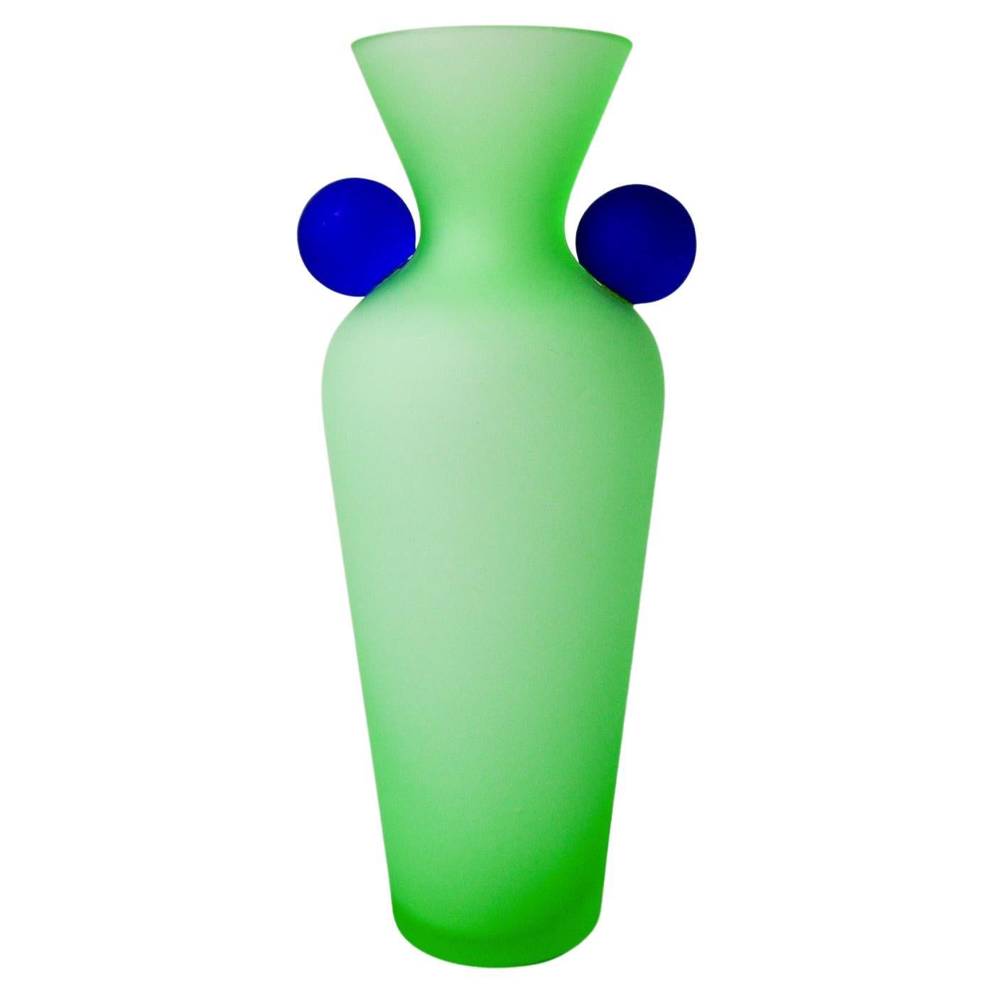 Green and blue satin murano glass vase, menphis style, italy, 1980 For Sale