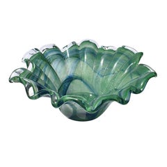 Green and Blue Scalloped Murano Draped Glass Bowl