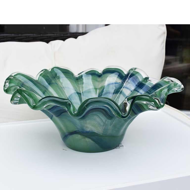 Mid-Century Modern Green and Blue Scalloped Murano Draped Glass Bowl