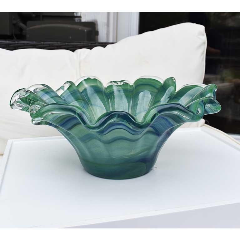 Italian Green and Blue Scalloped Murano Draped Glass Bowl