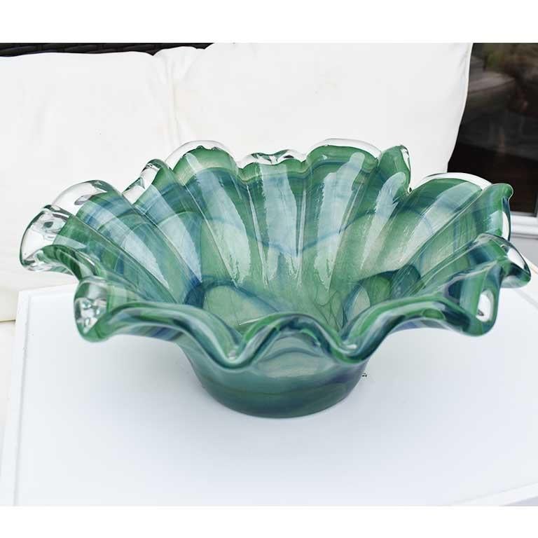 Green and Blue Scalloped Murano Draped Glass Bowl In Good Condition In Oklahoma City, OK