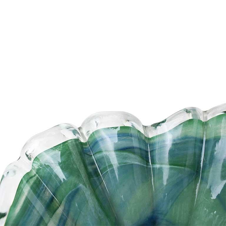 20th Century Green and Blue Scalloped Murano Draped Glass Bowl