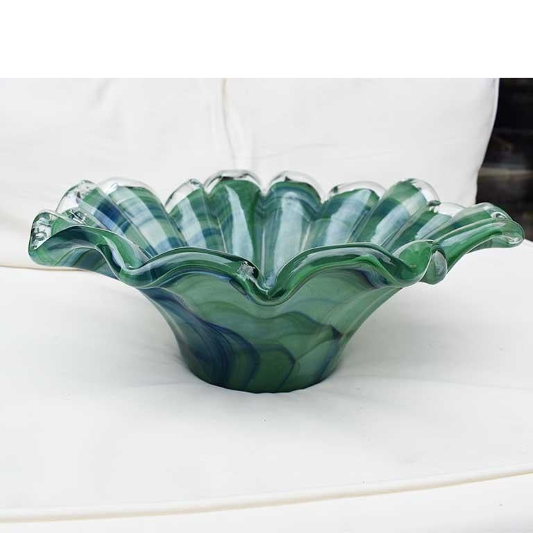 Blown Glass Green and Blue Scalloped Murano Draped Glass Bowl