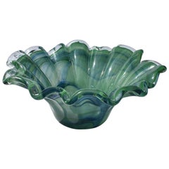 Green and Blue Scalloped Murano Draped Glass Bowl