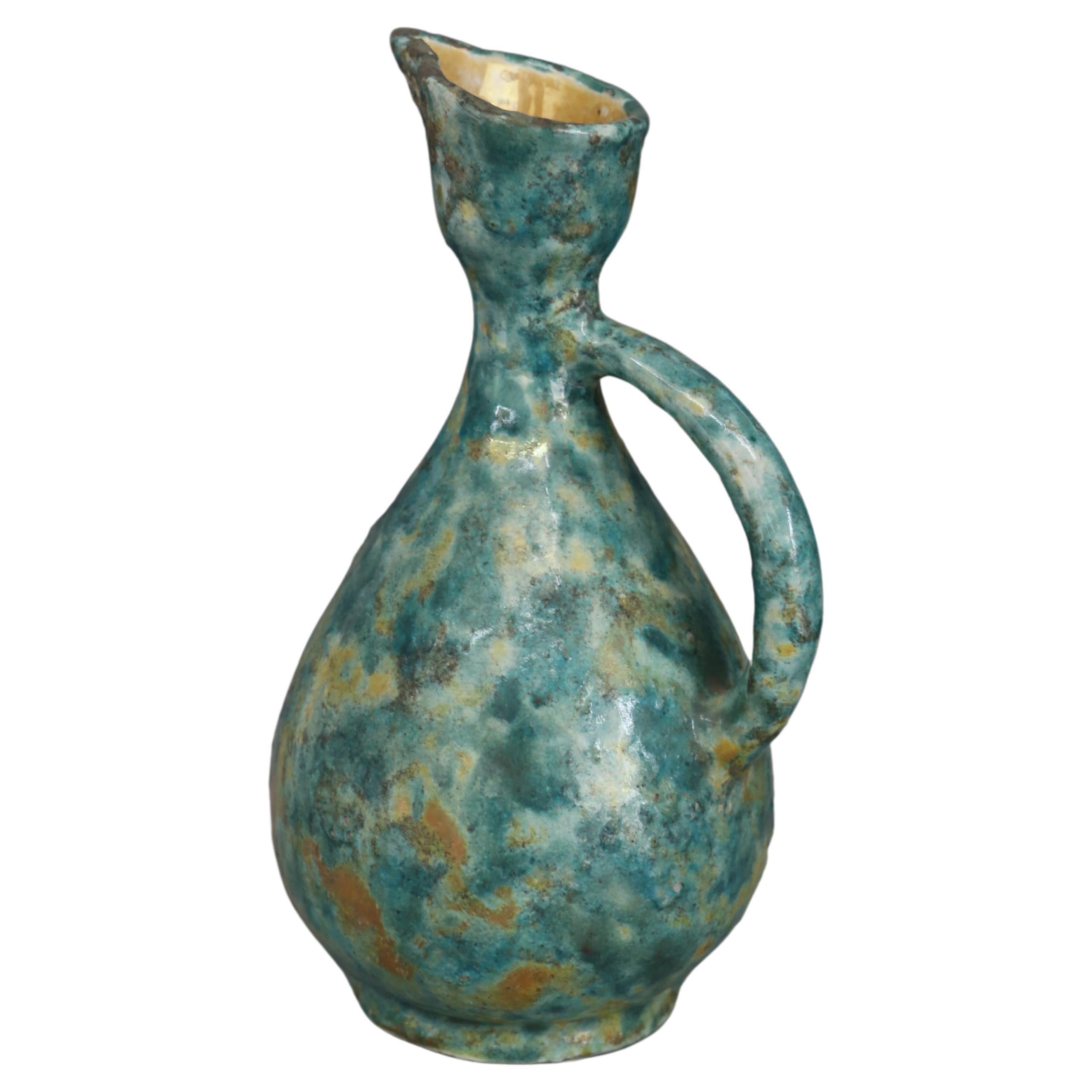 Green and Blue Vintage Ceramic Pitcher For Sale