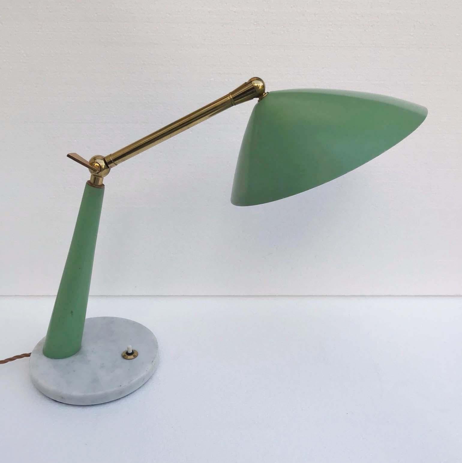 Mid-Century Modern Green and Brass Desk or Table Light, Stillux Italy 1950s on Marble Foot