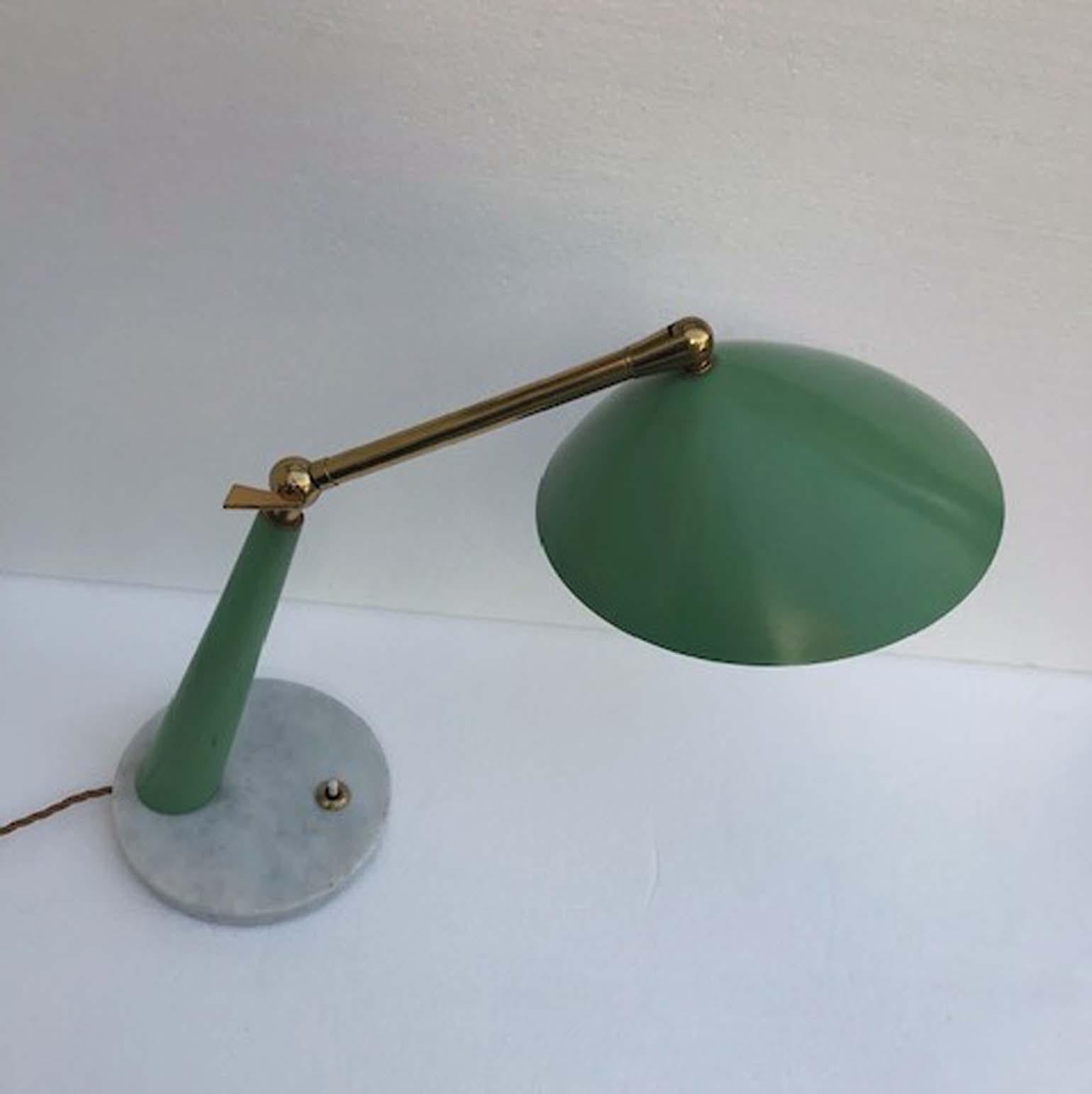 Italian Green and Brass Desk or Table Light, Stillux Italy 1950s on Marble Foot
