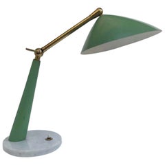 Green and Brass Desk or Table Light, Stillux Italy 1950s on Marble Foot