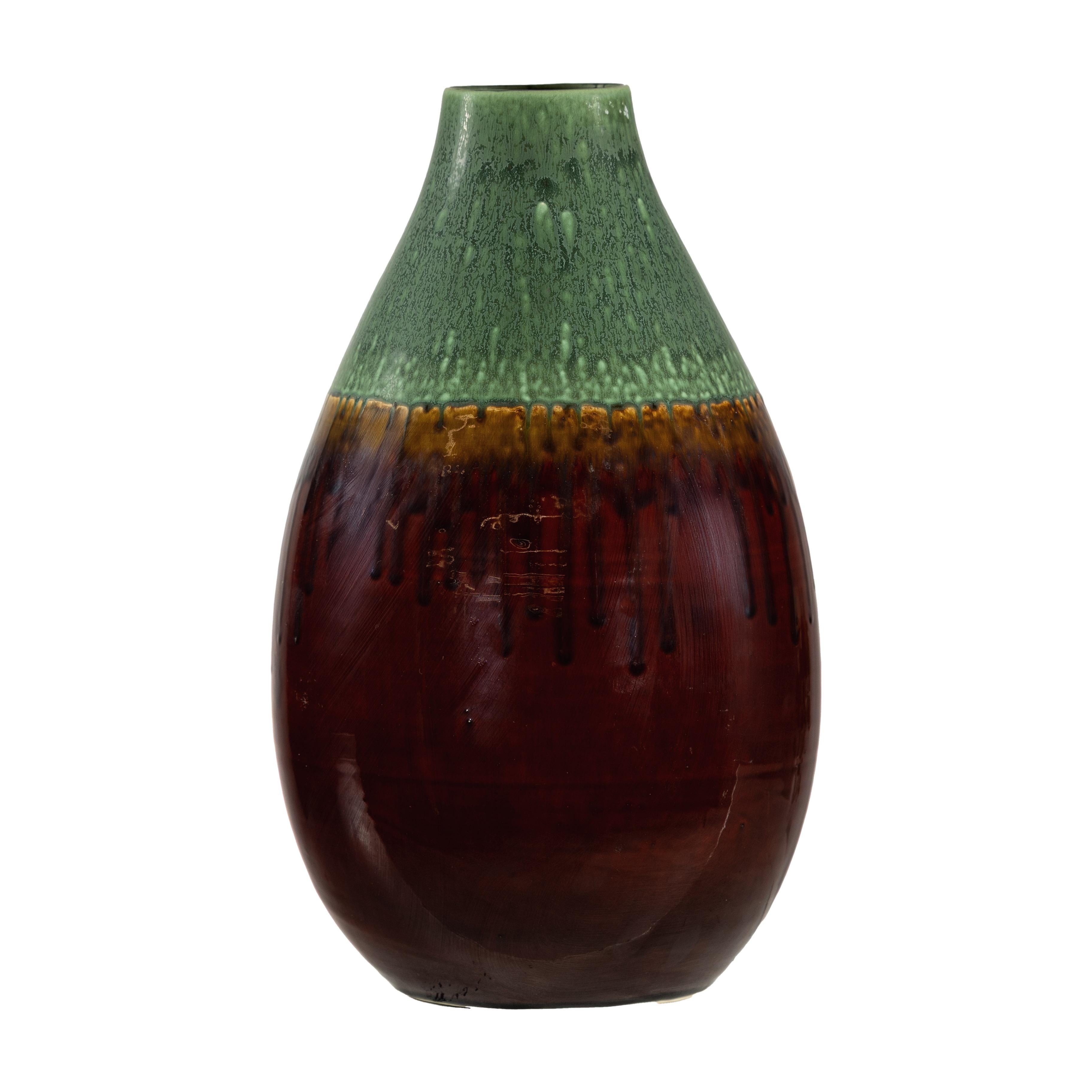 Vaso in ceramica smaltata verde e marrone con effetto a goccia e silhouette arrotondata in vendita 7